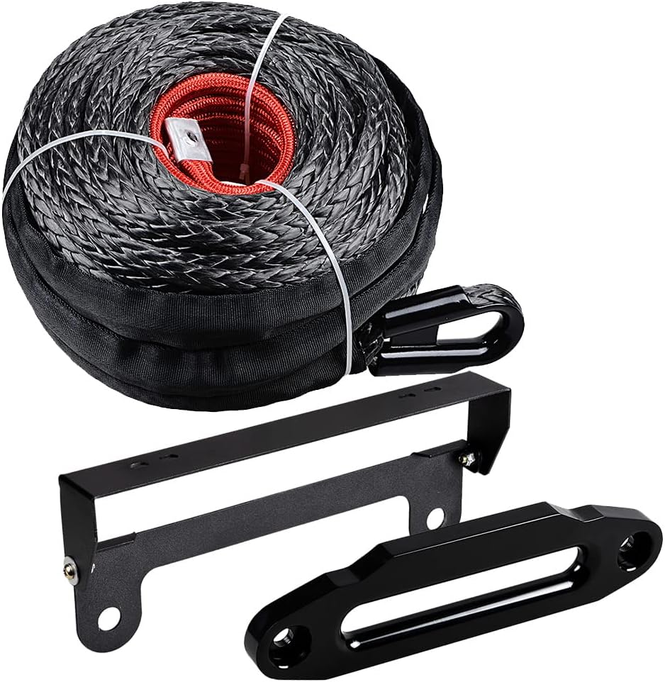 Black Combo 92' x 1/2" Synthetic Fiber Winch Rope Cable Recovery Towing 22,000LBs + Aluminum 10" Mounting Hawse Fairlead + Steel Flip-Up License Plate Holder