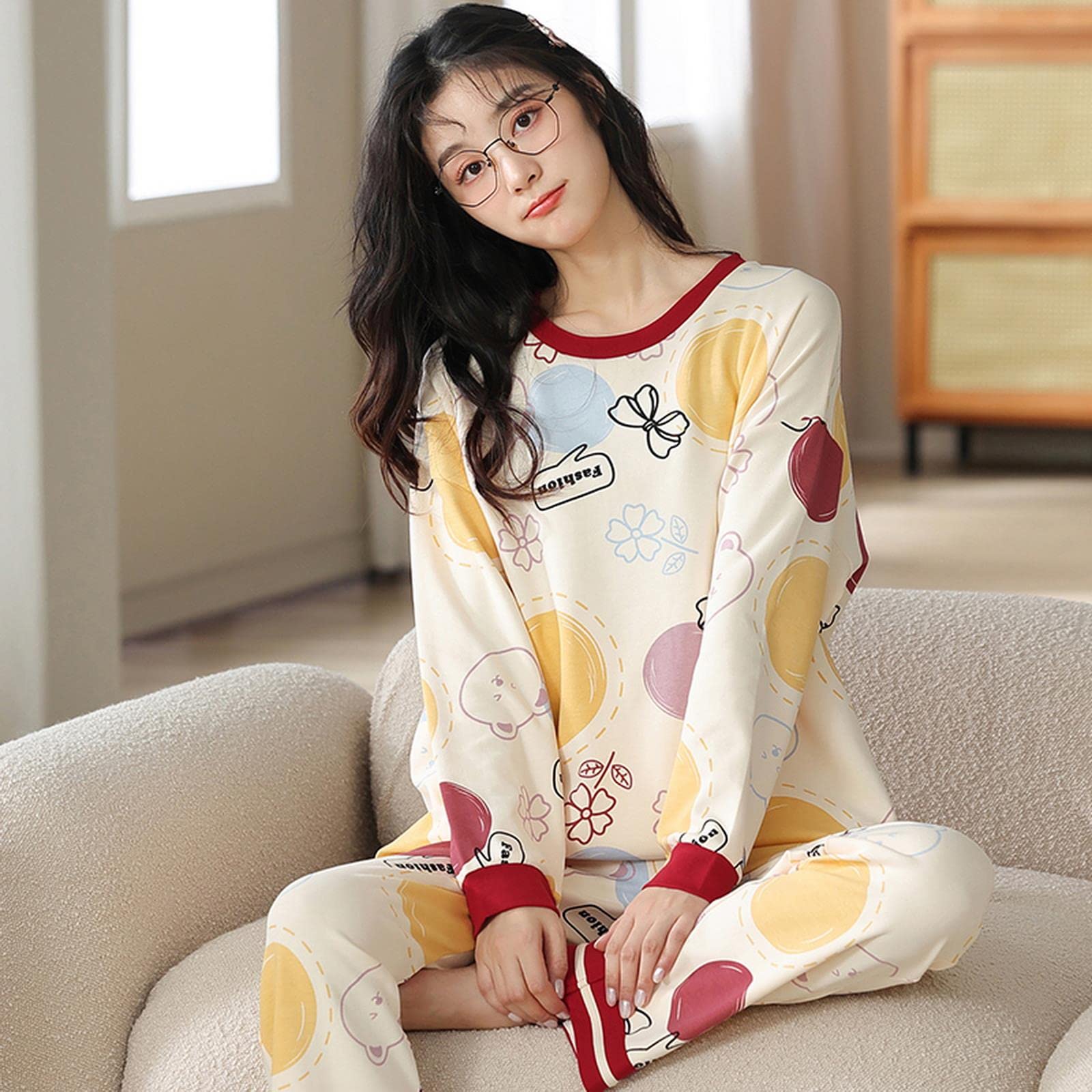 MOGSA Pyjama en coton pour femme - Printemps et automne - Motif à carreaux