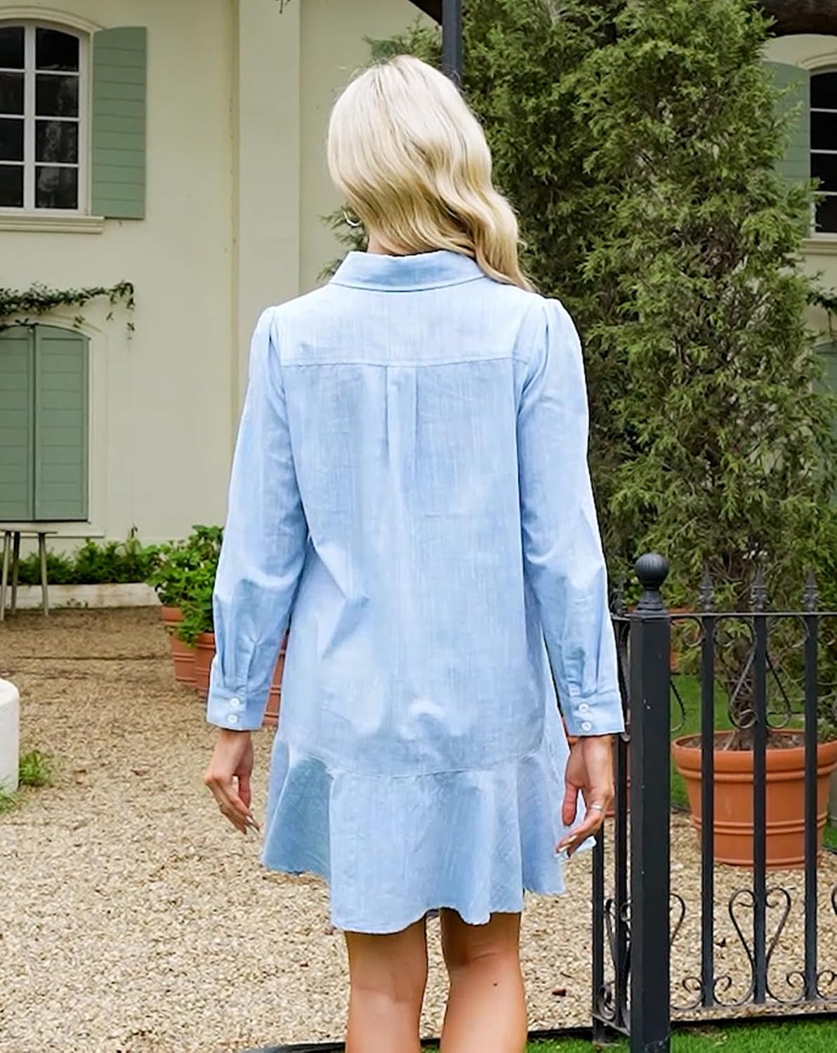 Women‘s Tunic Shirt Mini Dress Long Sleeve Cotton Short Dress Button Up Ruffle Hem Shift Dresses - Image 2