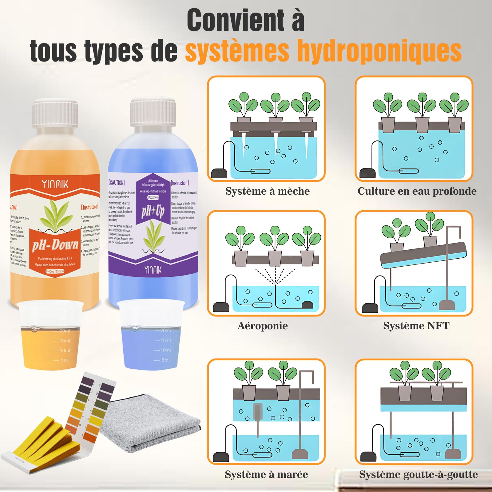 YINMIK Régulateur de pH Hydroponique Universel, Pack Régulateur PH UP & DOWN 250 ml, Augmente et Amincissant pH, Stabilise le pH et Convient à Tous Les Systèmes de Fertirrigation Hydroponique.