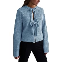 Womens Cropped Ribbed Knit Cardigan Long Sleeve Bow Tie Front Open Front Knitwear Tops