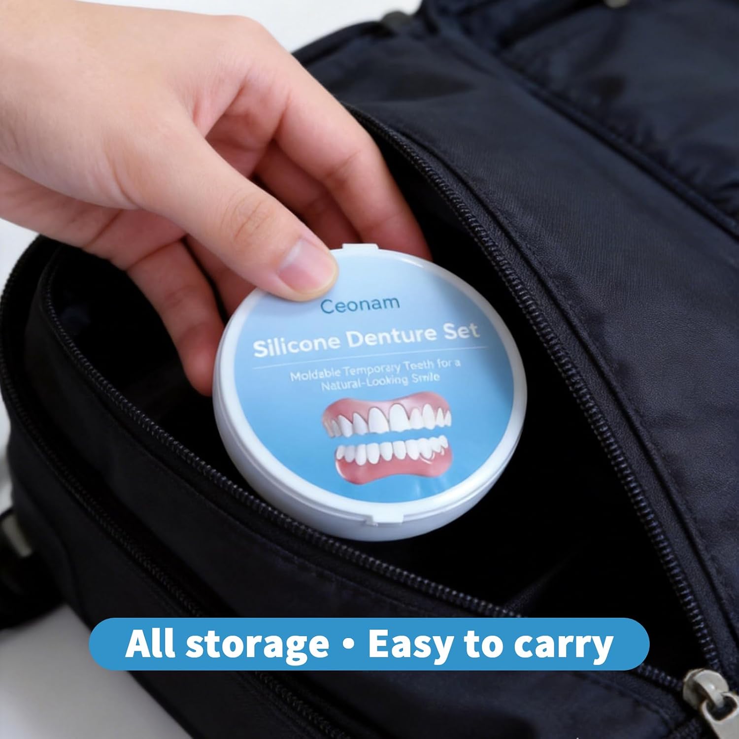 Silicone Denture Set Upper Lower Full Teeth with Dental Adhesive Beads & Tweezers in Storage Case – Temporary Teeth Kit for Men Women
