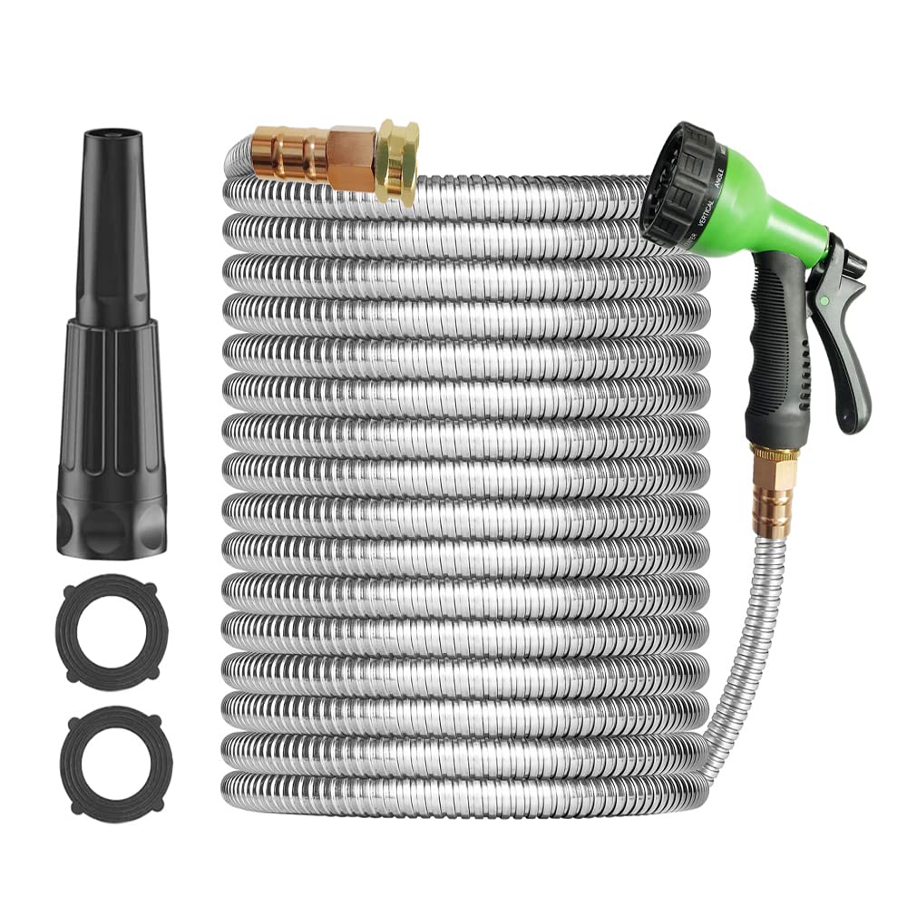 Tubo da giardino in acciaio inox e metallo, leggero, flessibile da 15,2 m, con ugelli spray a 10 vie, per prato esterno, resistente e flessibile, senza pieghe e grovigli, antiruggine