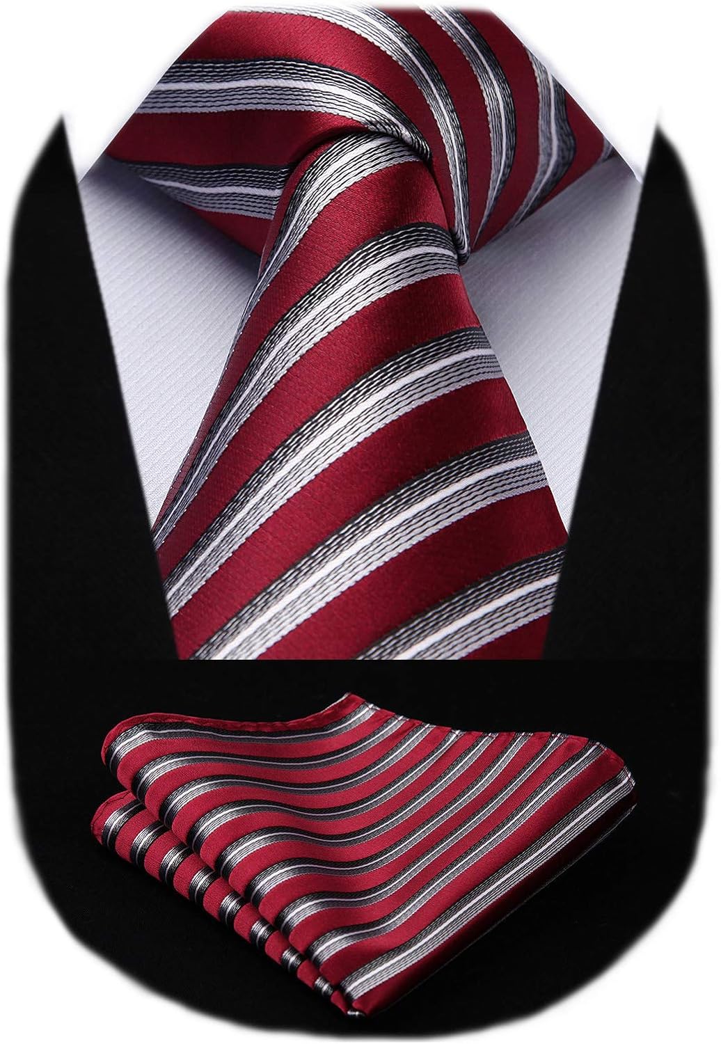 HISDERN Stripe Tie Mens Ties with Pocket Square Set Classic 3.4'' Silk Formal Necktie Handkerchief for Business Wedding