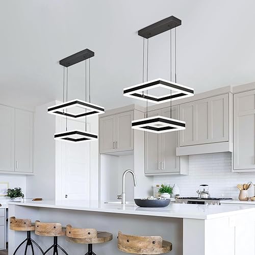 Miniatura 2 de Candelabro moderno negro para vestíbulo de techo, 65 W, regulable, luz colgante LED, lámpara de comedor, 2 anillos, lámpara cuadrada para cocina,