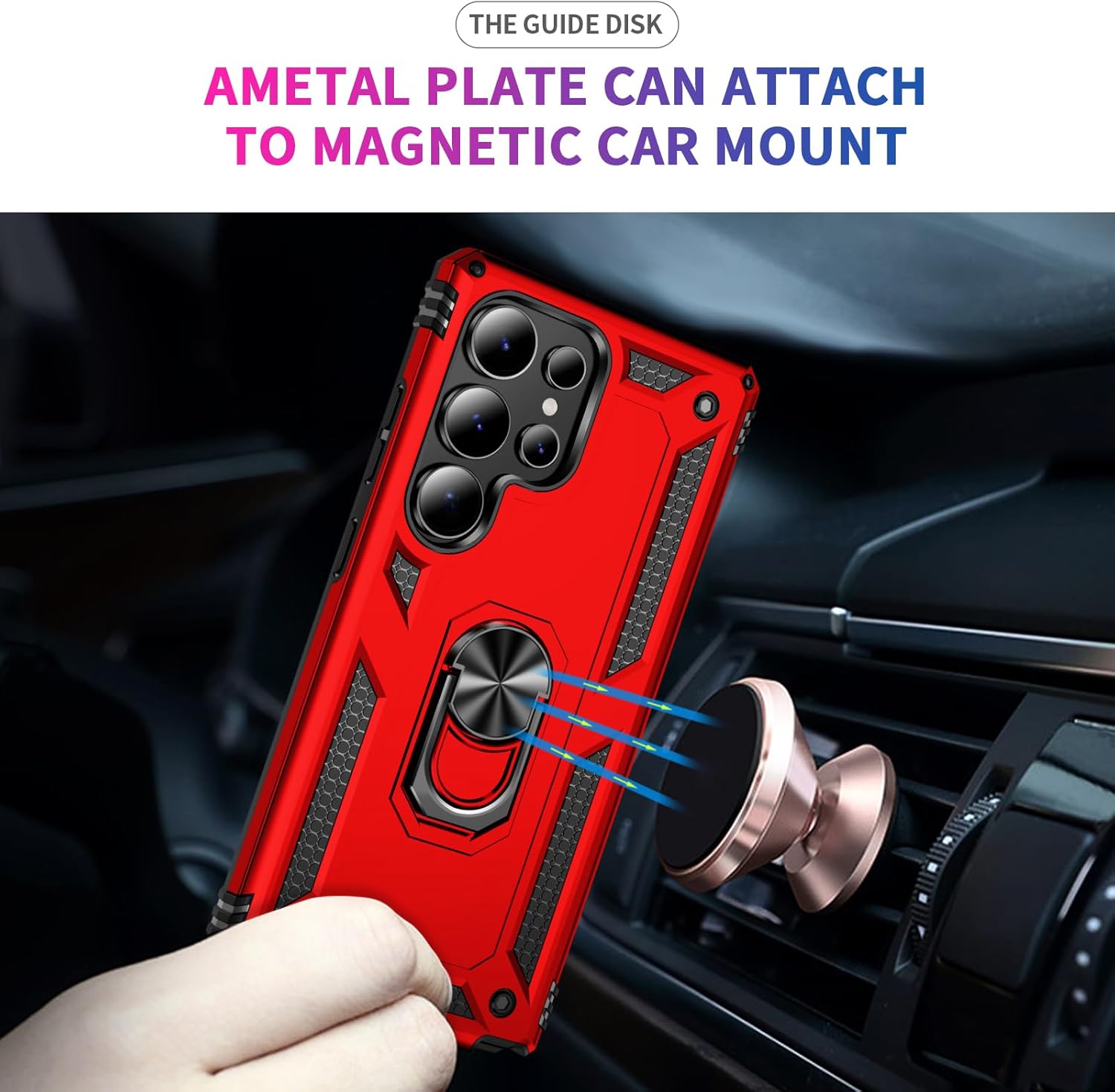 Dionsibei Military Grade Drop Impact for Samsung Galaxy S25 Ultra Case 360 Metal Rotating Ring Kickstand Holder Armor Heavy Duty Shockproof Case for Galaxy S25 Ultra 5G Phone Case (Red) - Image 3