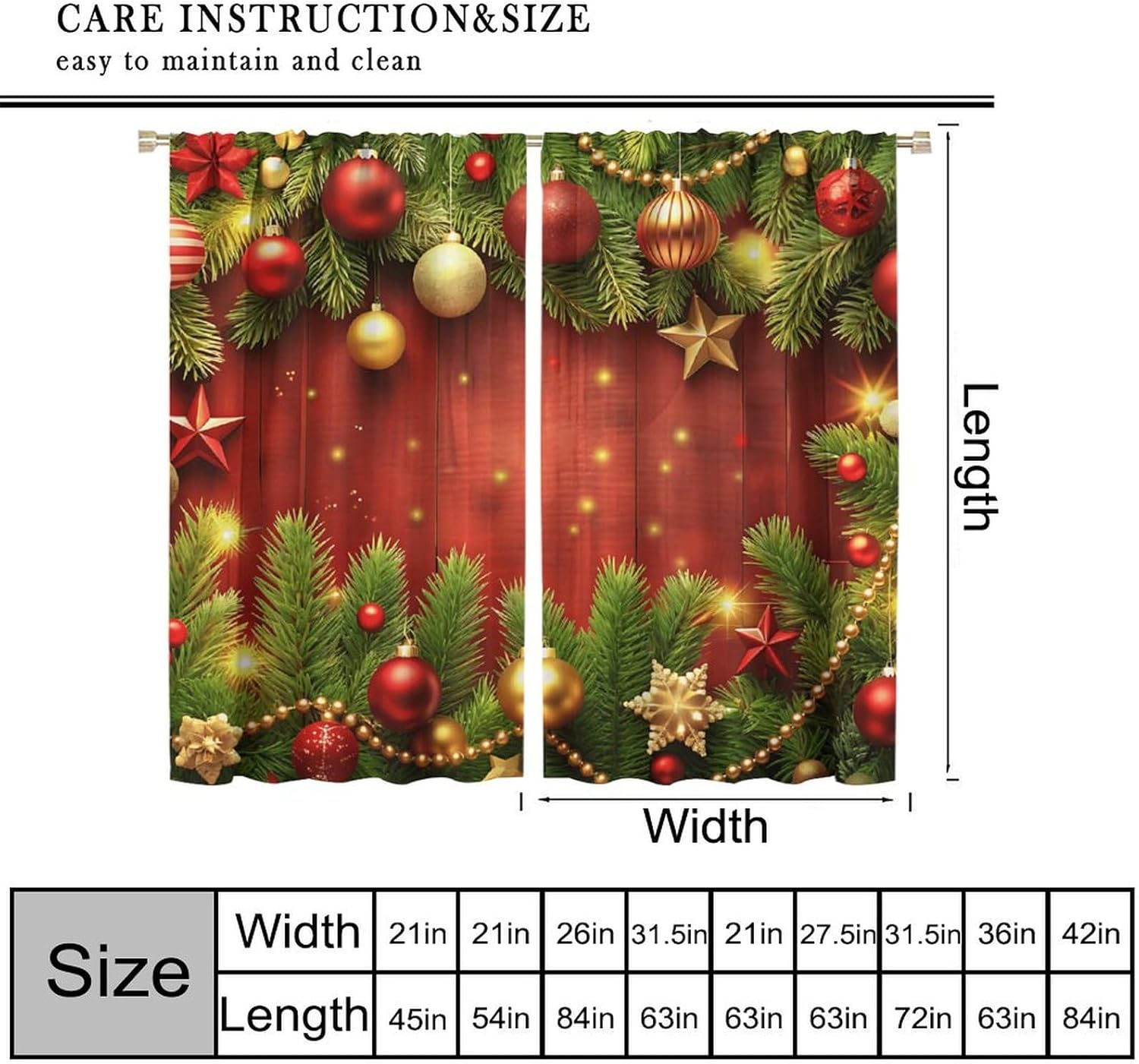 Christmas Ball Curtains, Colorful Xmas Balls Green Pine Branches Happy New Year for Room Window Decor, Rod Pocket Blackout Drapes for Living Room Bedroom Kitchen 2 Panel Set 21" W X 45" L