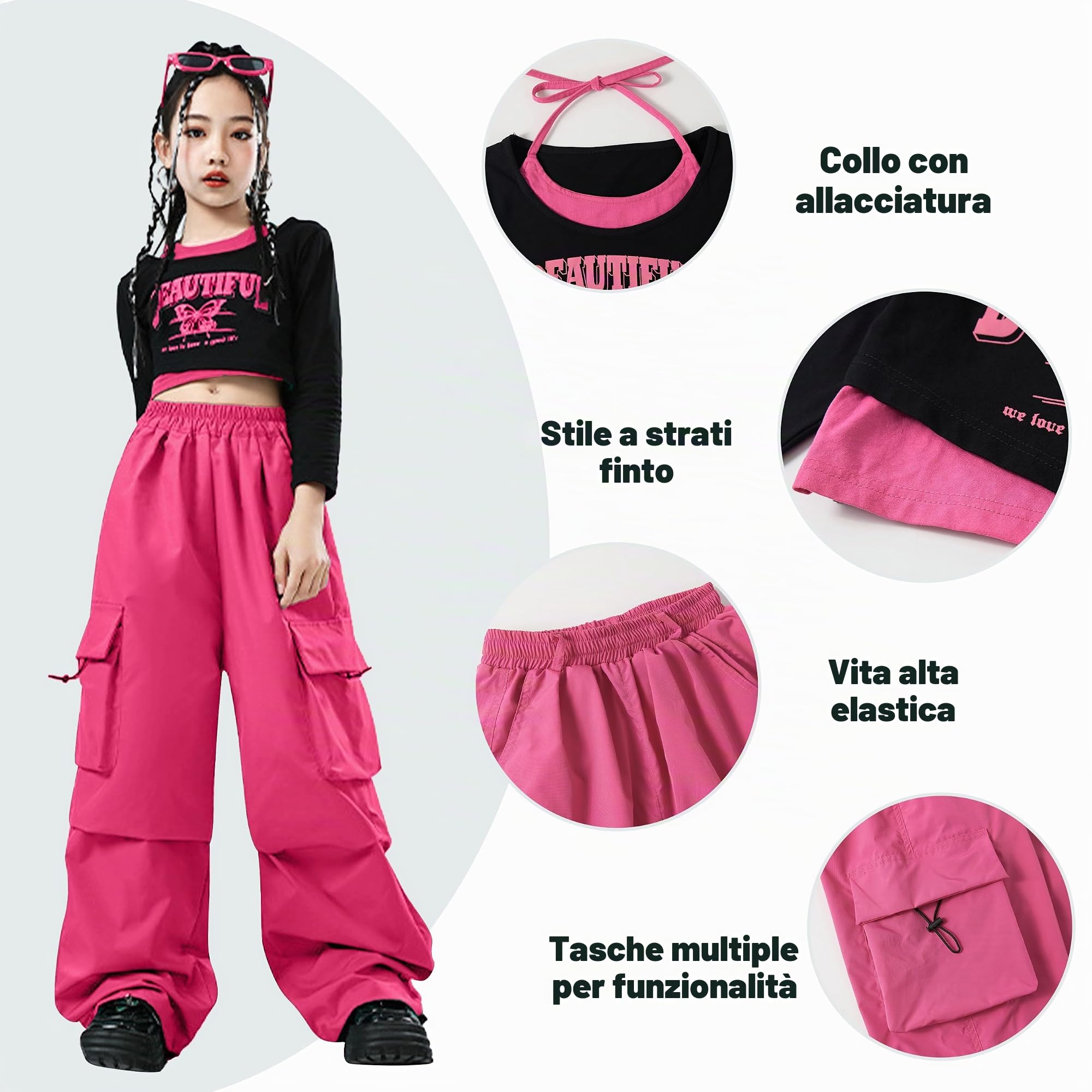 LOLANTA Ragazze Hip Hop Outfit, Top Corto Stampato & Pantaloni Cargo Dance Set, Streetwear alla Moda, 6-13 Anni