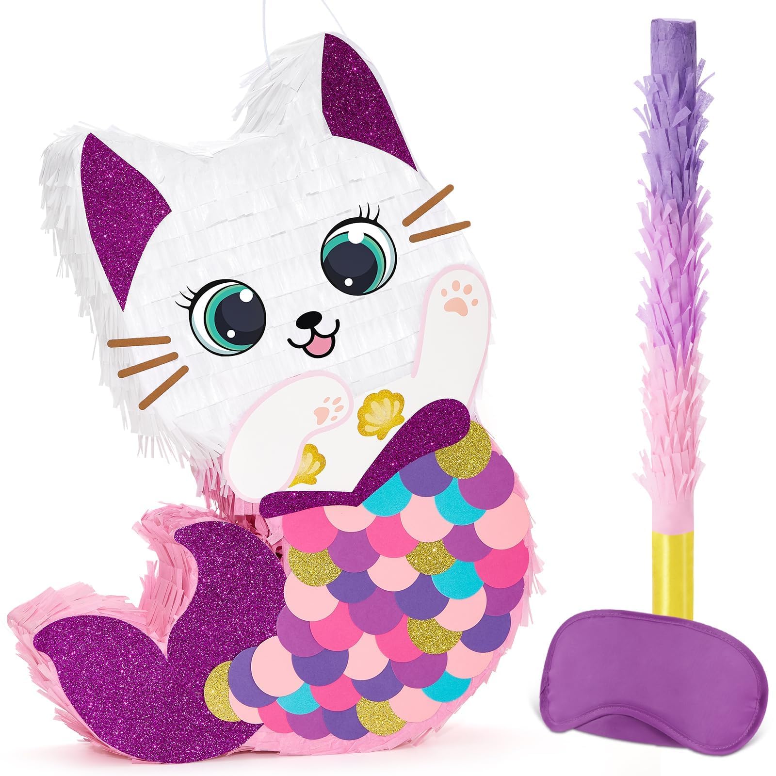 WERNNSAI Katzen Pinata – Meerjungfrau Geburtstags Pinata Deko Mädchen Kinder Meerjungfrau Kätzchen Piñata Gefüllt mit Augenbinde Stock Unterwasser Geburtstagsdeko Lustige Sommer Babyparty Spielzubehör