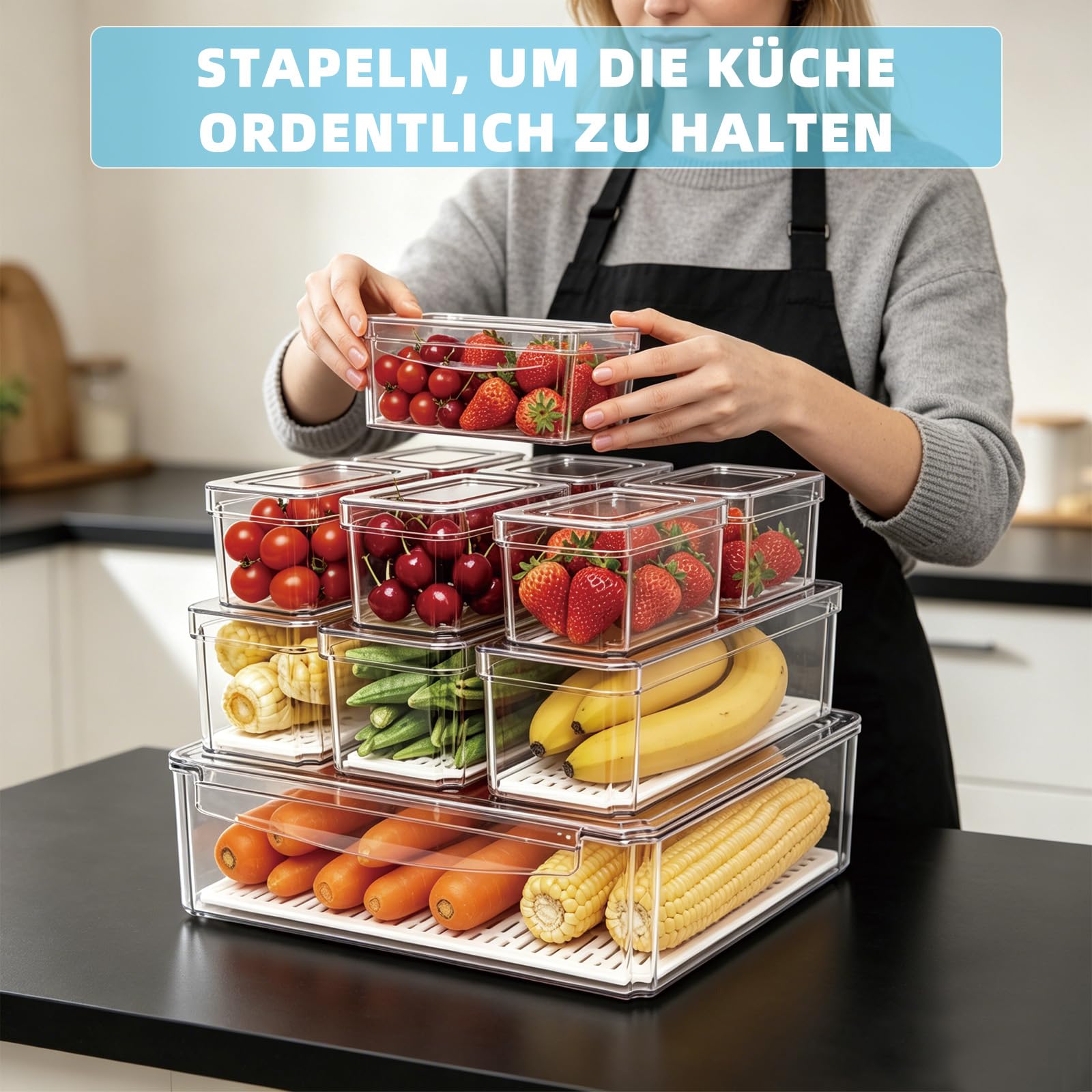 10er Pack Kühlschrank Organizer mit Deckel, Kühlschrank Organizer Stapelbar, BPA-frei, Durchsichtige Kühlschrank Aufbewahrungsboxen für Obst, Gemüse, Lebensmittel