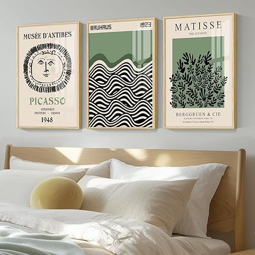 Picasso Matisse Bauhaus - Juego de 3 impresiones artísticas en lienzo para pared, color verde salvia, moderno, minimalista, grande, decoración de