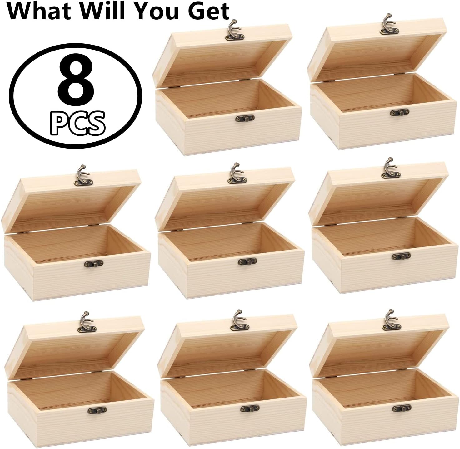 RHBLME 8 Pack Unfinished Wooden Boxes for Crafts, 8 x 4 x 2 Inch Wooden Box with Hinged Lid and Front Clasps, Unpainted Wooden Box for Crafts DIY Storage Jewelry Plain Pine Box Keepsake Box