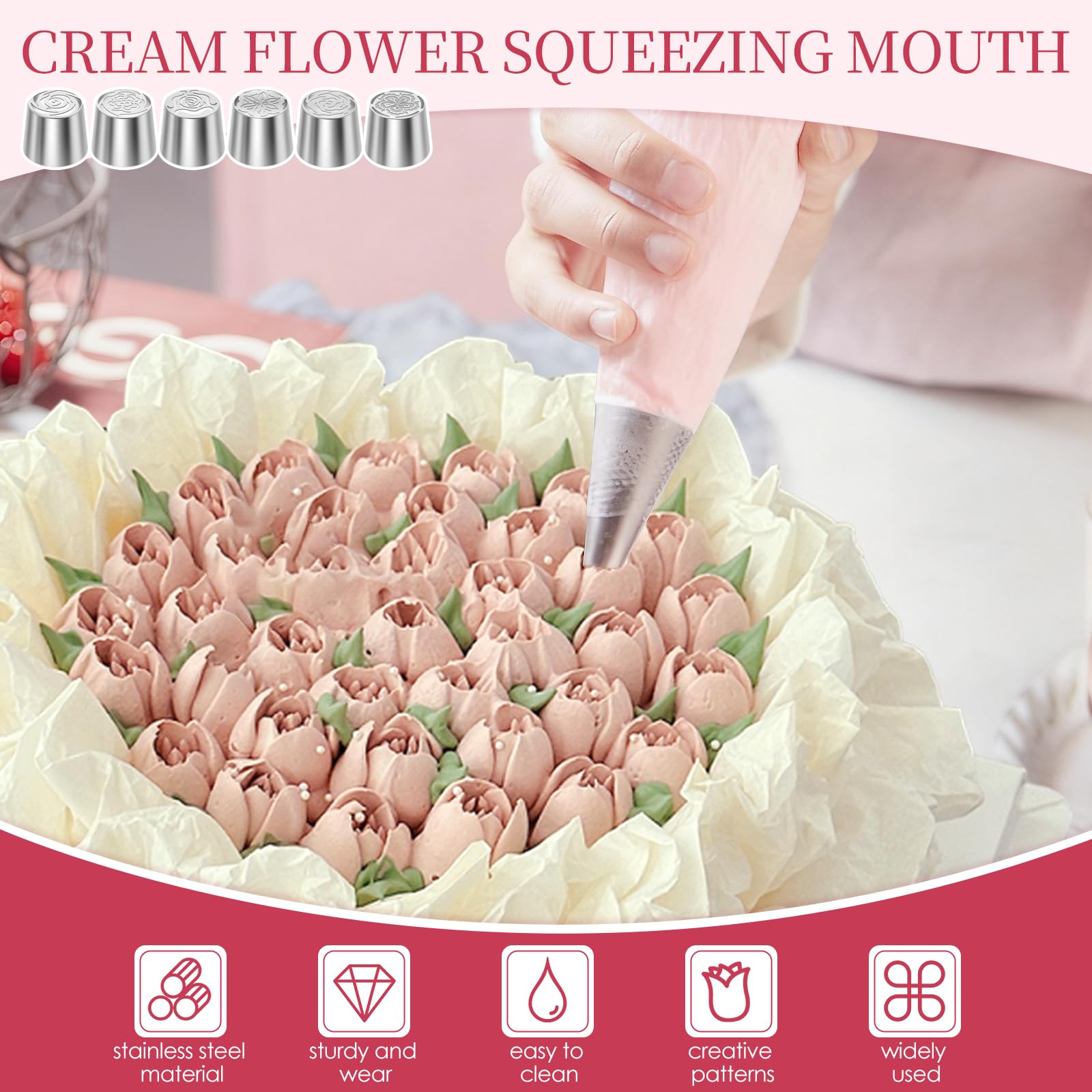 6 beccucci a forma di fiori grandi, in acciaio inox, riutilizzabili, set di beccucci russi per sac à poche per pasticceria, decorazione di cupcake, torte, macaron