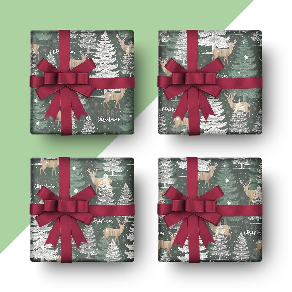 Apol Green Christmas Wrapping Paper - 4 Sheets With Red Ribbon 28x20 Inch