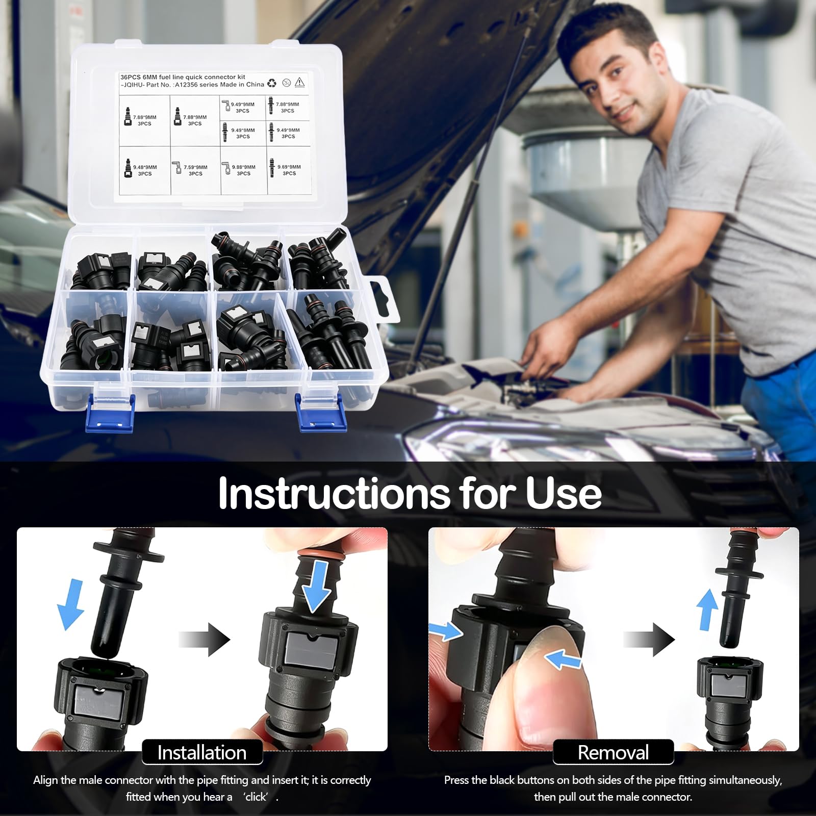 Set di 36 connettori rapidi per tubo carburante, SAE 9,89/9,49/7,89/6,3 mm, connettori ad angolo retto, ID3/6/8 mm ABS, kit di riparazione per auto, moto, barca, carburante, diesel