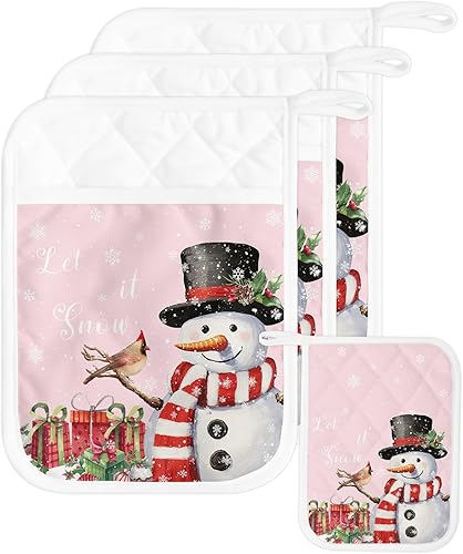 Juego de 3 agarraderas de tela de toalla con bolsillo antideslizante y aislante de calor con bolsillo para horno, diseño de copo de nieve de