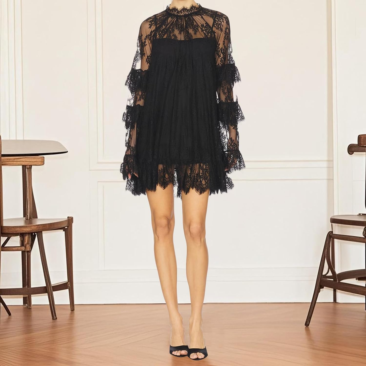 Sheer See Through Lace Mini Dress Women Ruffle Long Sleeve Layered Overlay Short Dress Y2K Going Out Cover Up Dresses - Image 2