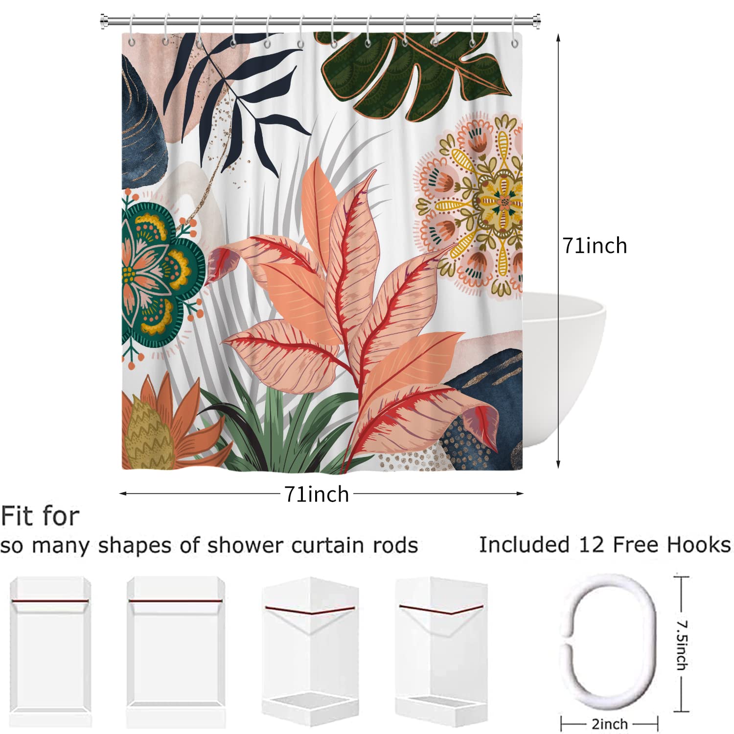 Hnmdmyi Tenda da doccia nero fiori boho 165x180, vintage astratto fiore boemo botanico tenda da bagno metà secolo moderno estetico retrò impermeabile poliestere tessuto lavabile tenda da bagno