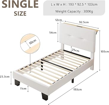 FEONASE 3ft Single Bed Frame with Charging Station, Velvet Upholstered Platform Single beds with Storage Headboard, Sturdy Wooden Slat Support, Enhanced Support Noise Free, Easy Assembly, Beige
