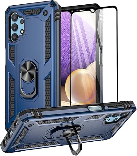 Funda compatible con Samsung Galaxy A32 5G con protector de pantalla de vidrio templado y soporte de anillo de agarre magnético, cubierta protectora