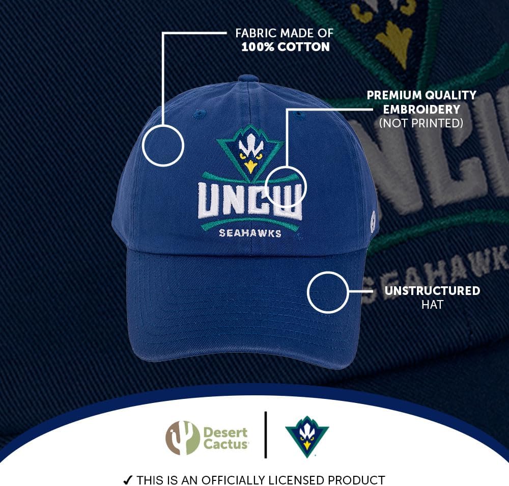 Desert Cactus University of North Carolina Wilmington Baseball Hat Seahawks UNCW Brimmed Embroidered Cap Adjustable Cloth Strap Adult (Style A) Blue
