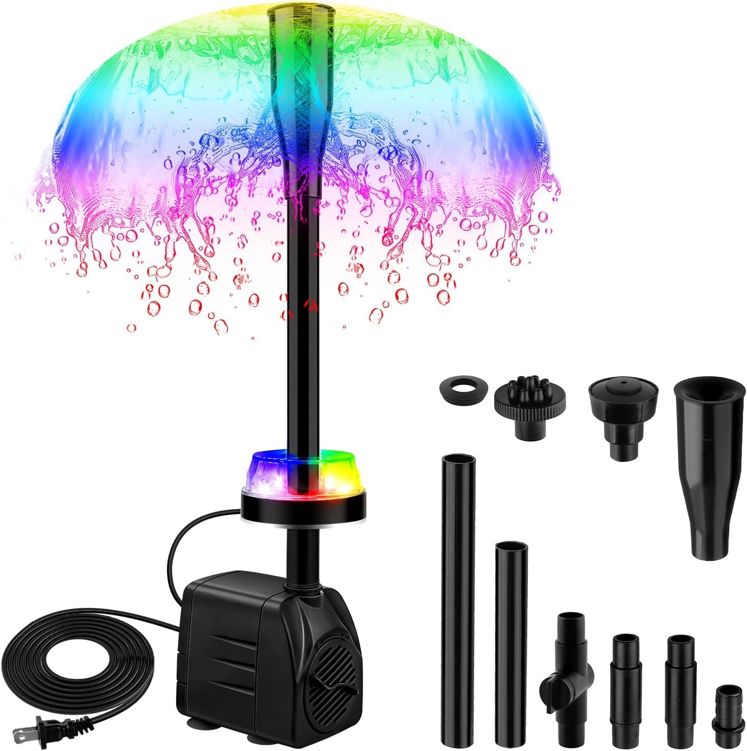 NATPOW Springbrunnenpumpe Aussen mit LED, RGB Teichpumpe für Miniteich, Aquariumpumpe mit 3M Kabel, 3 Wechselnden Farben, 3 Düsen, 800L/h 15W Gartenbrunnen Pumpe Klein für Gartenteich, Wasserfall