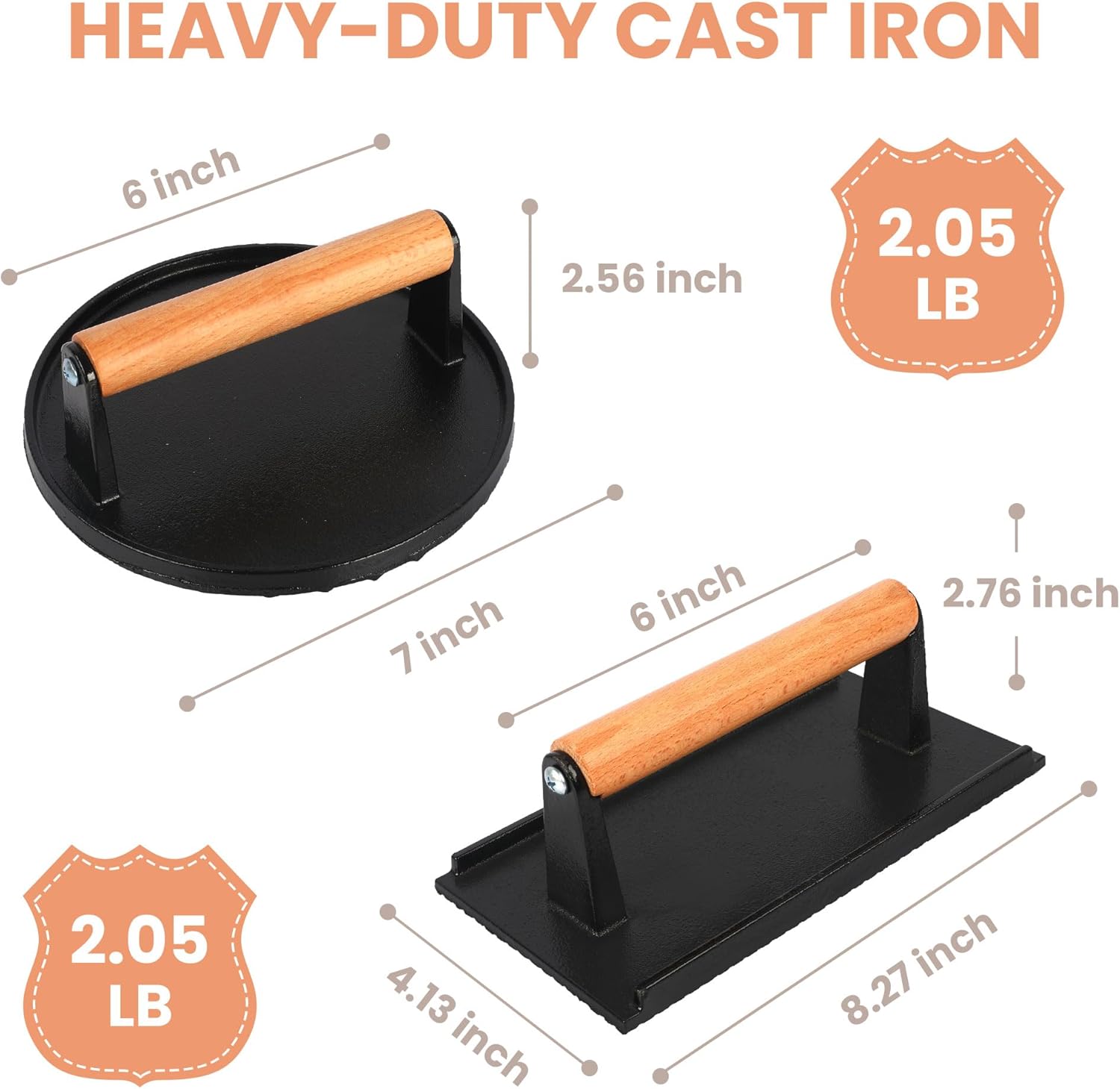 Heavy Duty Cast Iron Burger Press - 7" Round Burger Press & 8.27”X4.13” Rectangle Grill & Bacon Press - Non-Stick Burger Smasher with Wood Handle for Flat Top Grill, BBQ, Stovetop