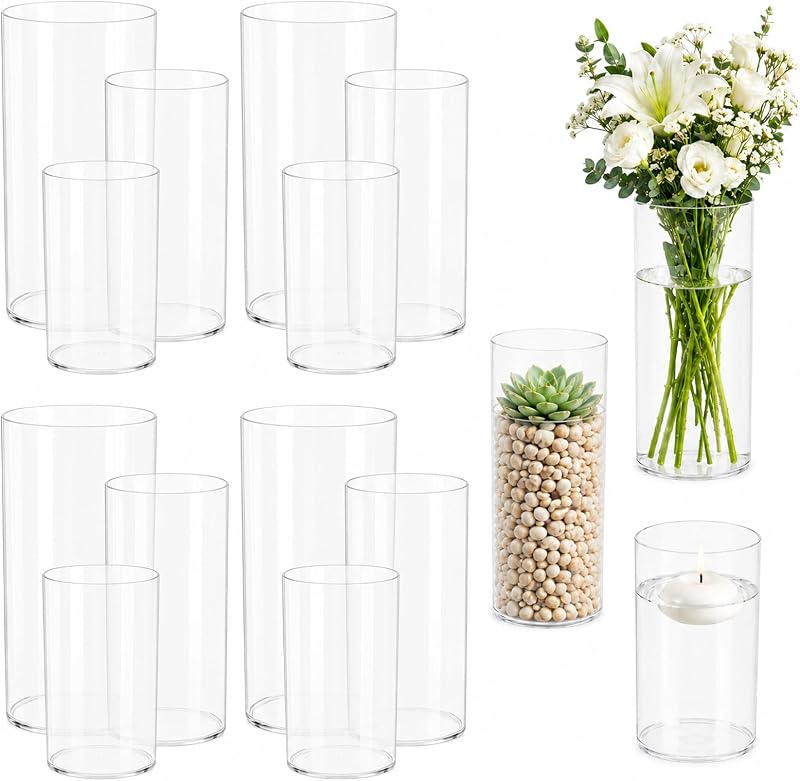 Paquete de 12 jarrones cilíndricos de plástico transparente para centros de mesa, 3 tamaños | Jarrones transparentes resistentes a roturas en tamaños de 4, 6 y 8 pulgadas para flores, velas, bodas, fiestas y decoración del hogar.