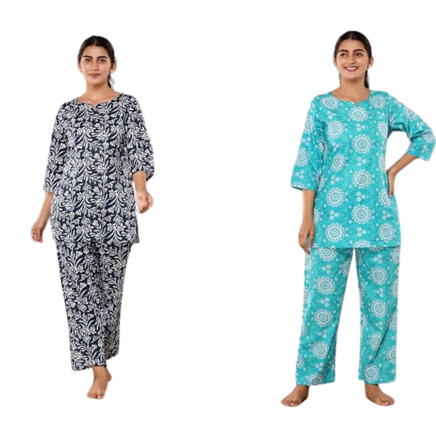 Women Printed Ethnic Wear 02 Kurta, 02 Pants Cotton KCC270 Nevy Blue Turkish 4 Night Suit Set-image-45