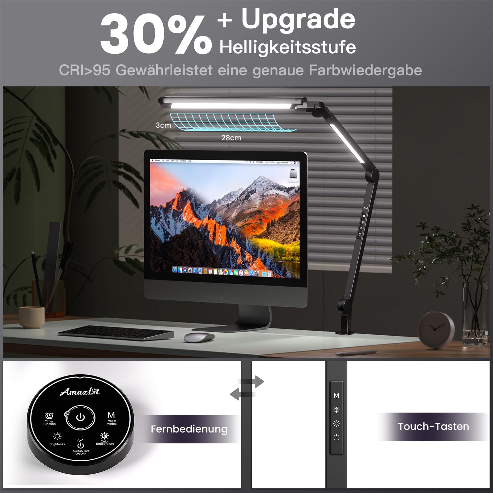 AmazLit Lampada da scrivania, lampada da scrivania a LED, dimmerabile, doppia sorgente luminosa, braccio girevole, temperatura di colore regolabile, 16 W, lampada da tavolo per l'ufficio, telecomando