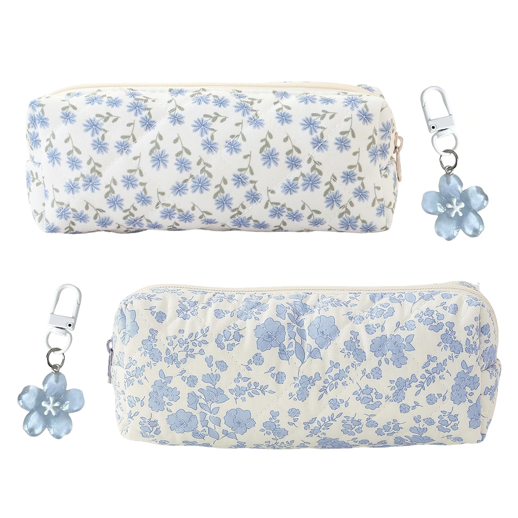ANBOO 2 Pcs Floral Pencil Cases Set for Girls with Cute Keychains, Aesthetic Small Flower Fabric Pencil Case Cute Stationery Storage Bags Floral, Pretty Blue Pencil Case (Blue)