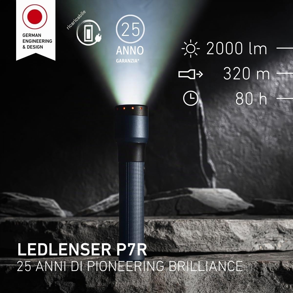 Ledlenser P7R Torcia Ricaricabile, Edizione 25° Anniversario, 2000lm, IP68 | Batteria aggiuntiva inclusa, autonomia raddoppiata, portata 320m, 4 modalità di illuminazione, USB-C, ideale per l'outdoor