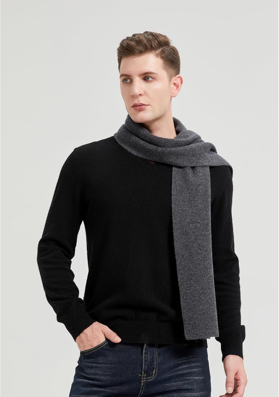 GreenMount Men’s Cashmere Scarf Ribbed Knitted 100% Cashmere Scarf Warm Thick Soft for Fall Winter Men