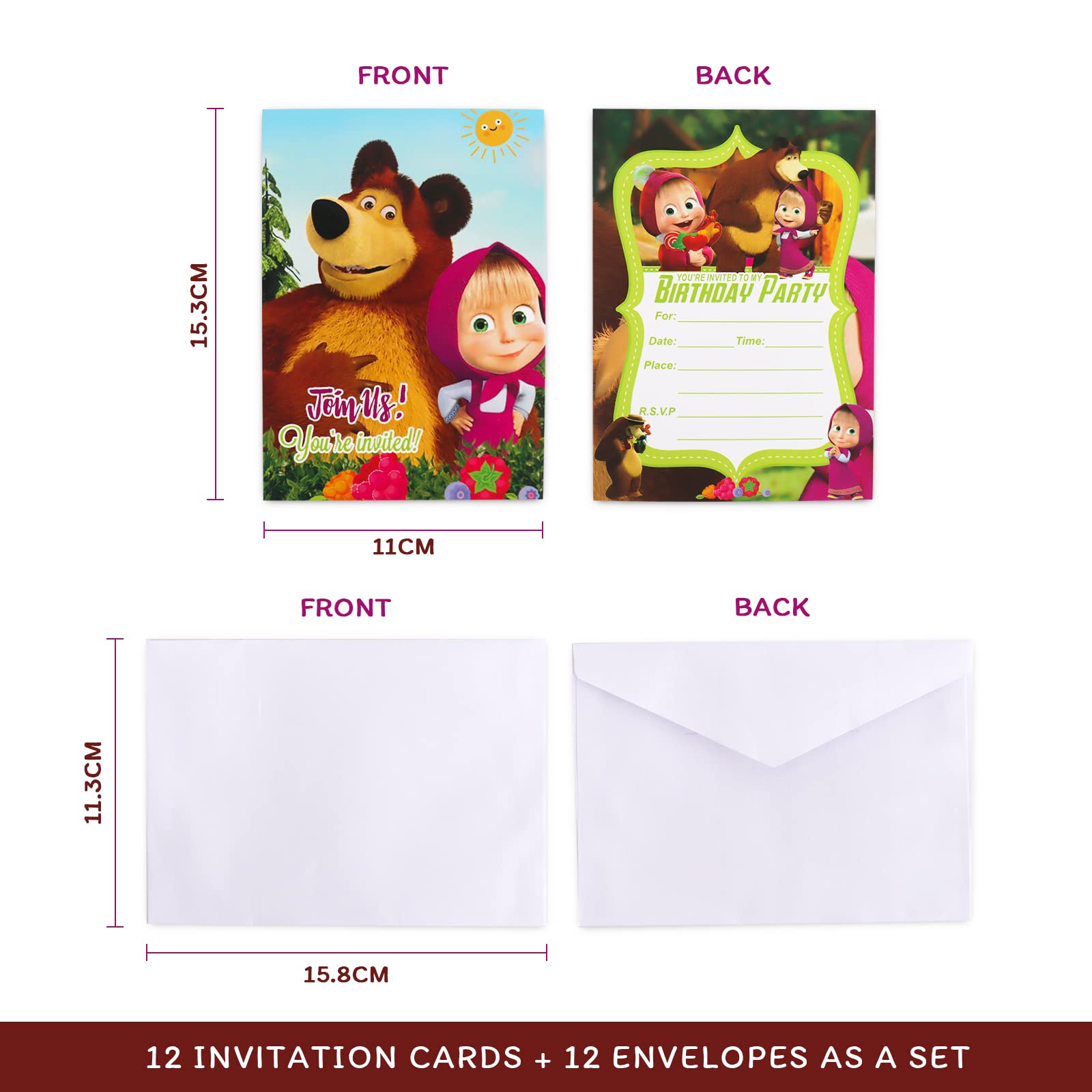 Masha E O Urso 12 Tarjetas De Cumpleaños Infantiles Masha Y El Oso + Sobres  - Invitaciones Para Fiestas Masha Y El Oso Cumpleaños, image size:1600x1600