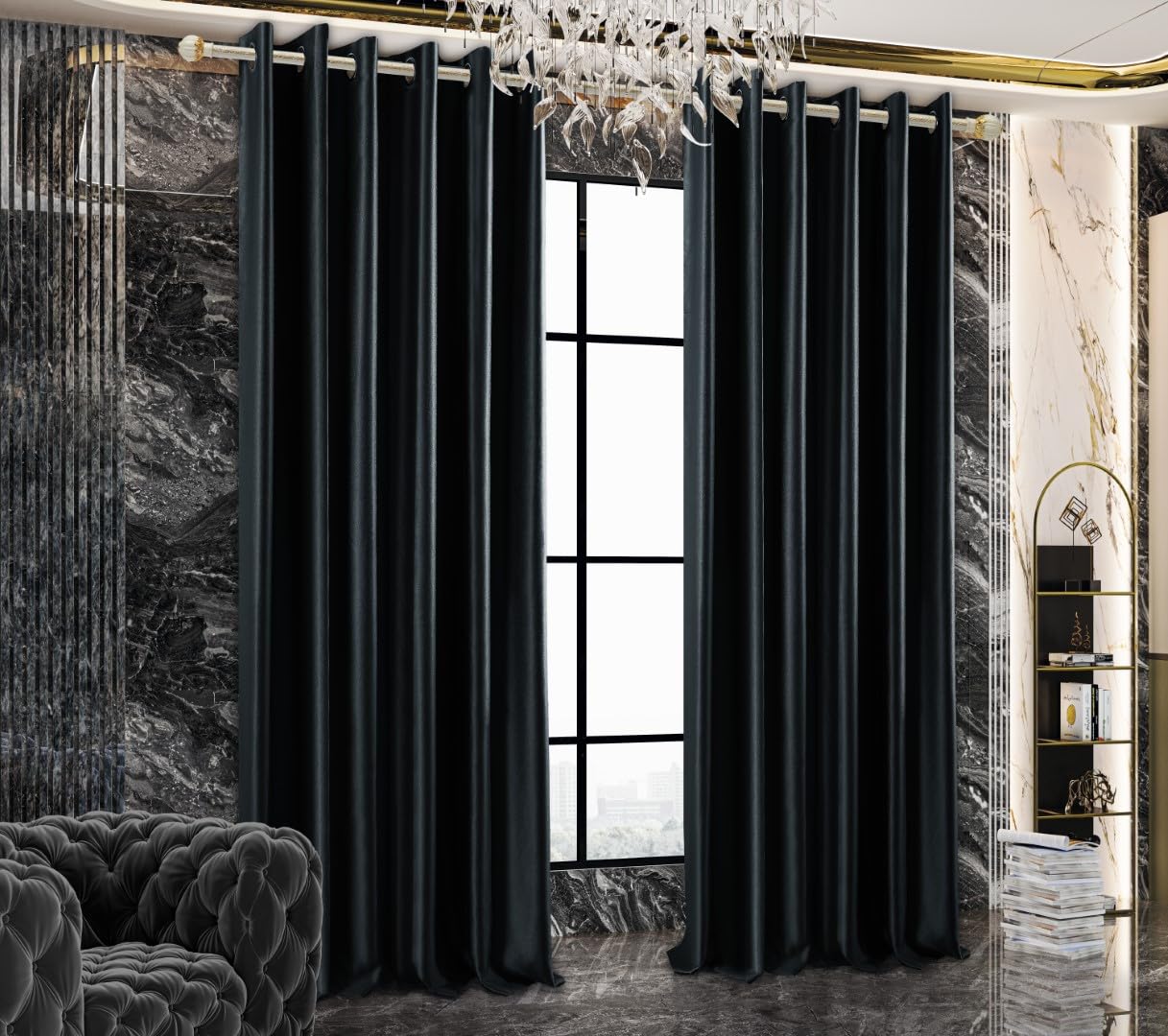 BQC Blackout Curtains Bedroom - 320 GSM Super Soft Eyelet Blackout Curtains For Living Room - Luxury Home Decorative Thermal Insulated Curtains, 66 x 90 Inch Vience Black 2 Panel