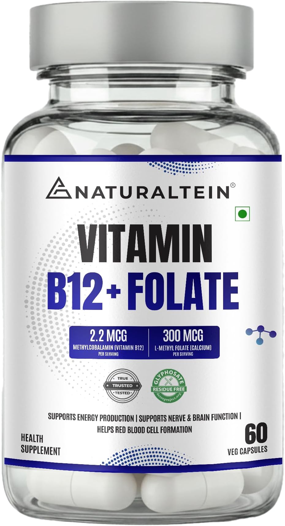 NATURALTEIN Vitamin B12 with Folate | Supports Energy, Mental Clarity, Nerve Function & Heart Health | Active Forms | 60 Capsules