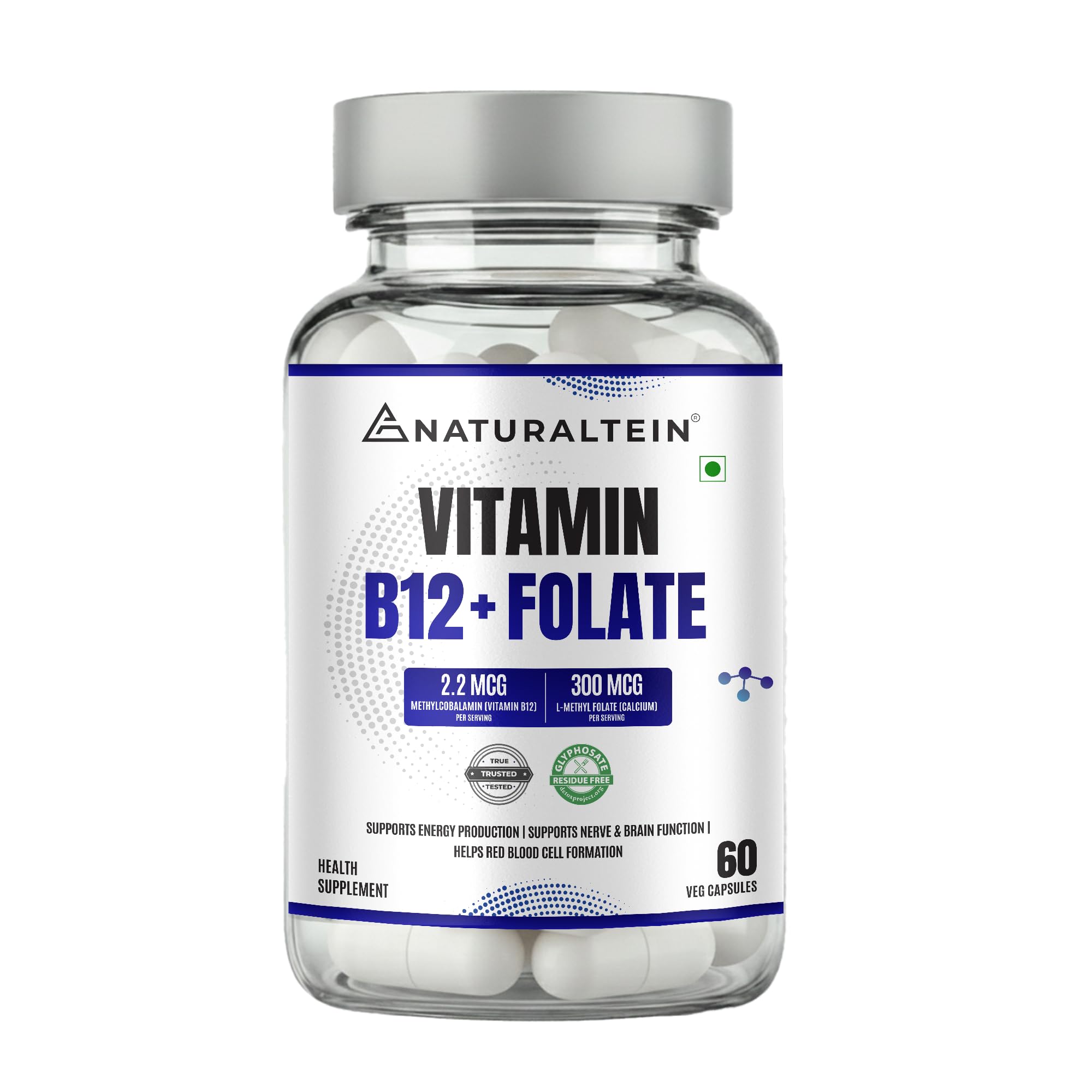 Vitamin B12 with Folate | Supports Energy, Mental Clarity, Nerve Function & Heart Health | Active Forms | 60 Capsules