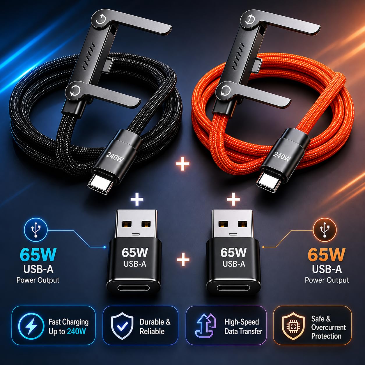 [2 Pack 240W Fast Charging Cable, USB C Braided Charger Cable with Foldable Stand and USB C to USB A Adapter for iPhone 17 Pro Max, Samsung, MacBook, iPad