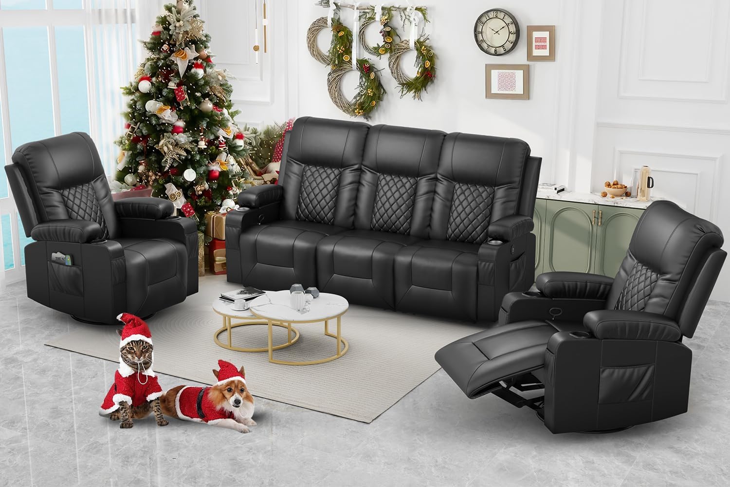 Recliner Sofa Set with 3+1+1 Pieces in Living Room, 3 Seater Reclining Sofa, 2 Recliner Chair with 360 Degree Swivel Single Sofa Seat, Black, FU-RC06-PUBK-3+1+1