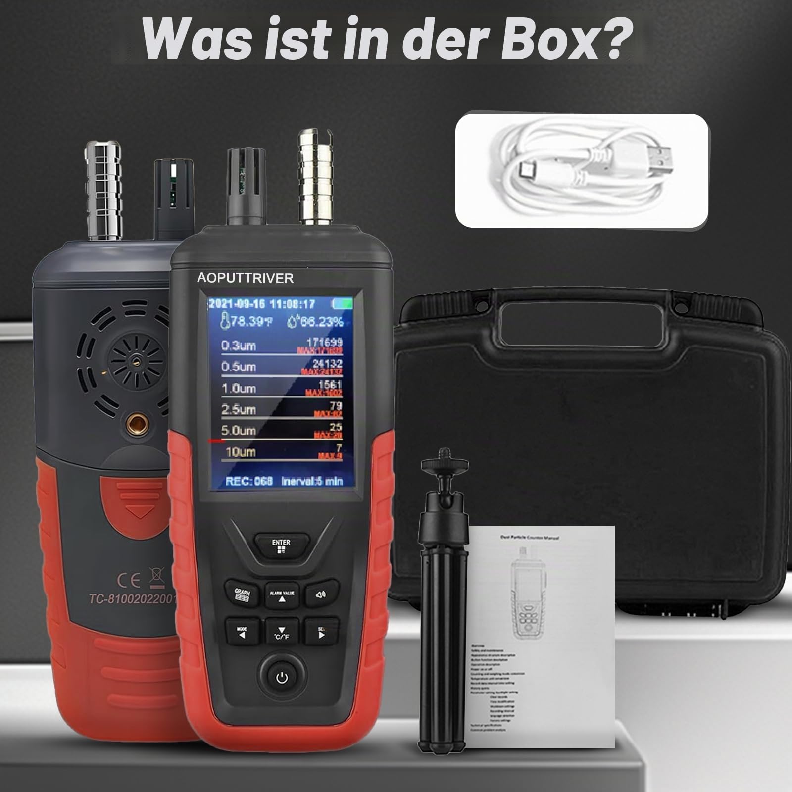 Luftqualitätsmonitor, CO2 Messgerät, Partikelzähler Home Air Quality Tester mit 6-Kanal PM0.3/0.5/1.0/2.5/5/10 Um Detect w/Luftfeuchtigkeit, Temperatur, Datenübertragung/Speicherung