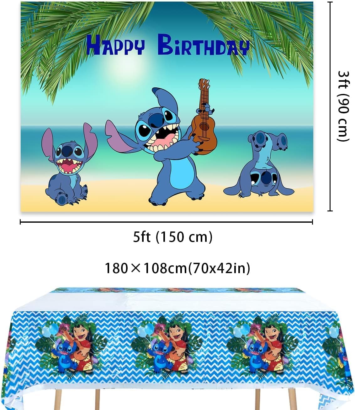 Cartoon Themed Backdrop with Tablecloth 70x42in for Girls Family Birthday Party Decorations Supplies