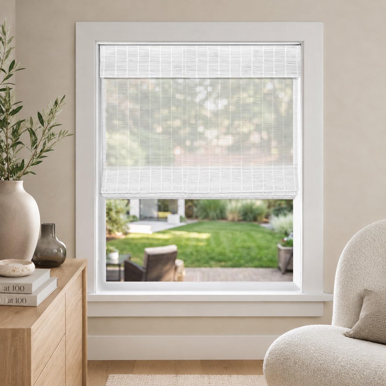 Photo 1 of CHICOLOGY Cordless Bamboo Roman Shade, Light Filtering, Snow 47"x64"