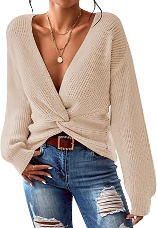 Pink Queen Women Deep V Neck Twist Front Cropped Sweater