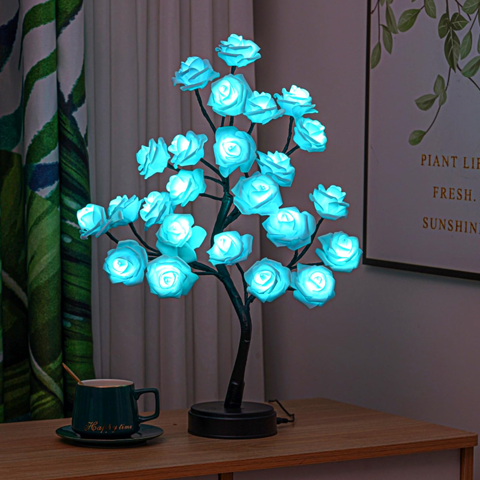Rose Flower Tree Lamp, LED Rose Bedside Table Lamp Battery Powered or USB Adapter, Nightstand Lamp for Living Room, Bedroom, Office Gift for Mother’s Day Anniversary Birthday (Blue)
