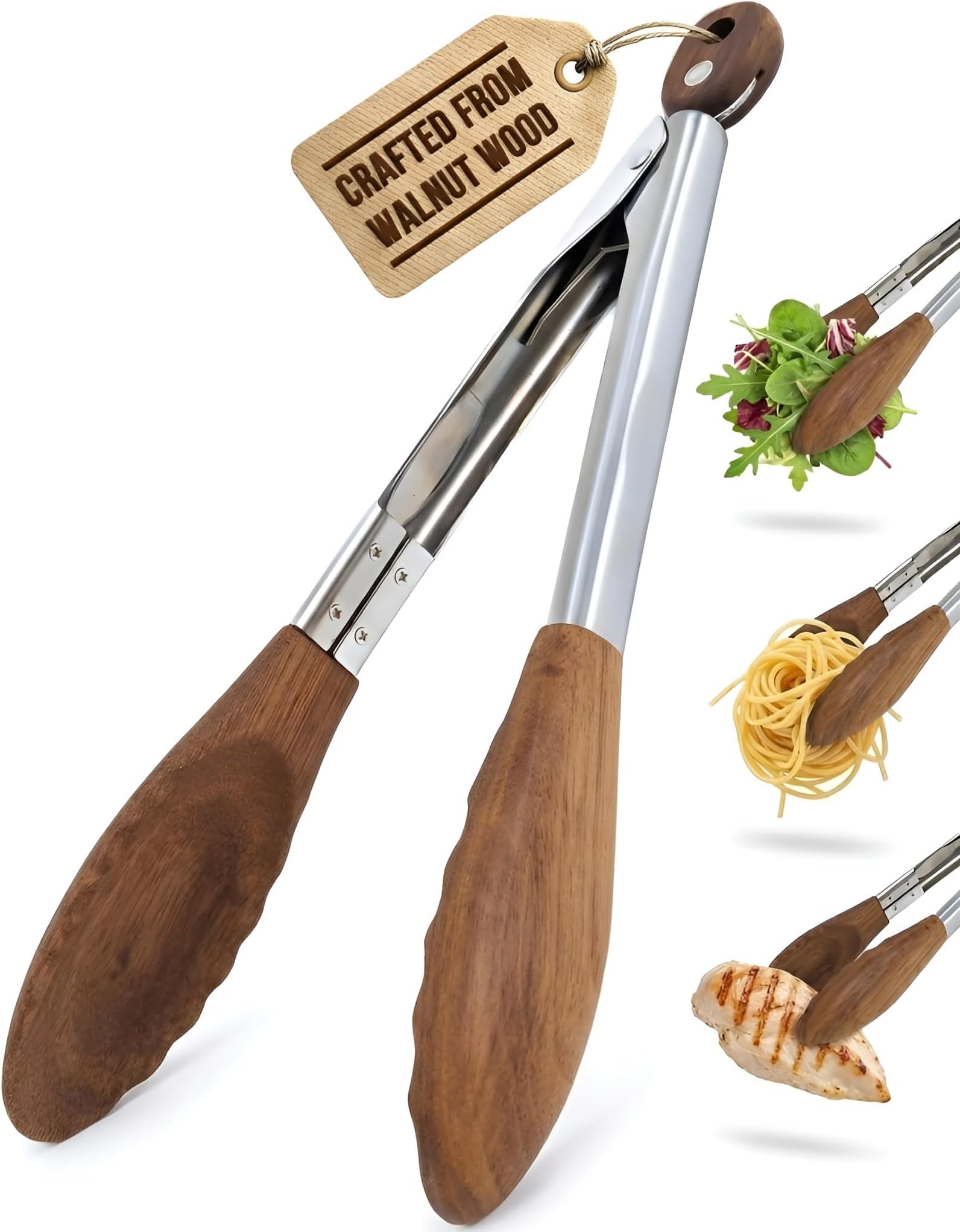- Boxiki Kitchen Wooden Tongs for Cooking - Nonstick Kitchen Salad Tongs for Serving Food, Grilling, Cooking, BBQ and Tossing Salad - Made of Natural Walnut Wood, Size 12-inch