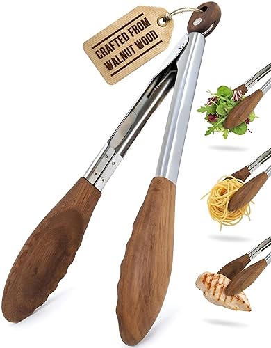 Boxiki Kitchen 9 Inch Tongs for Cooking with Wooden Tips