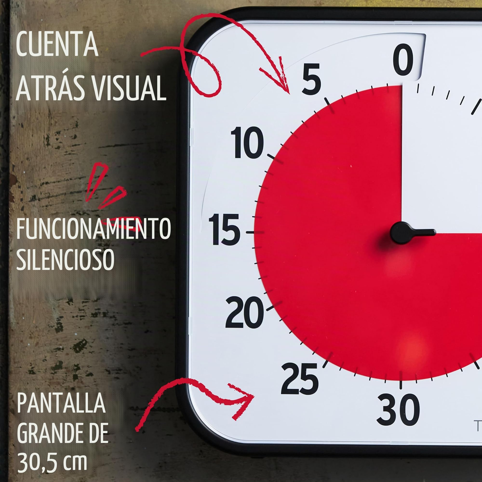 Time Timer Original Grande, 30x30cm - Temporizador Visual de 60 Minutos - Reloj de Cuenta Regresiva para el Aula o reuniones para niños y Adultos (Negro)