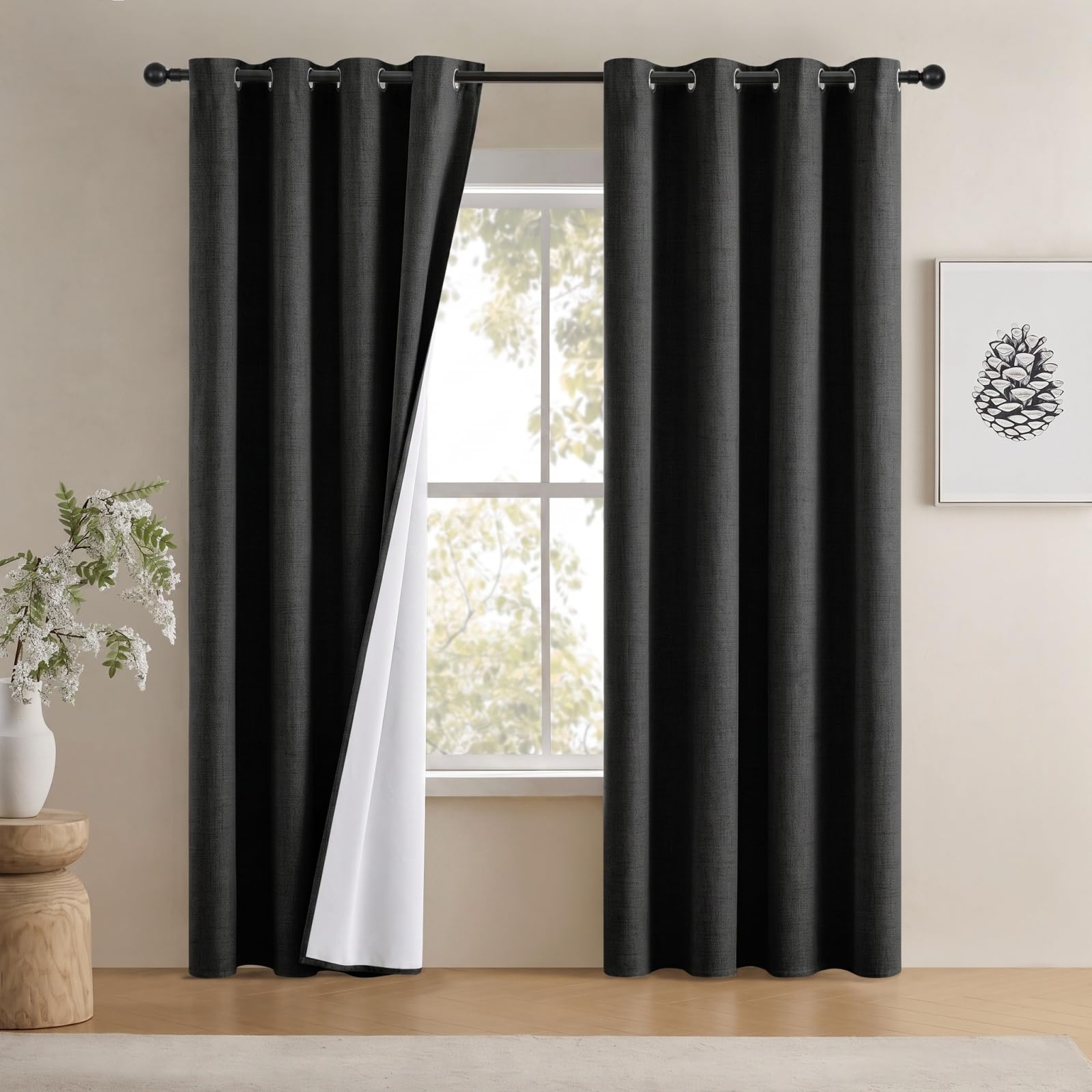 100% Blackout Linen-Look Curtains for Living Room 55" W x 87" L Black