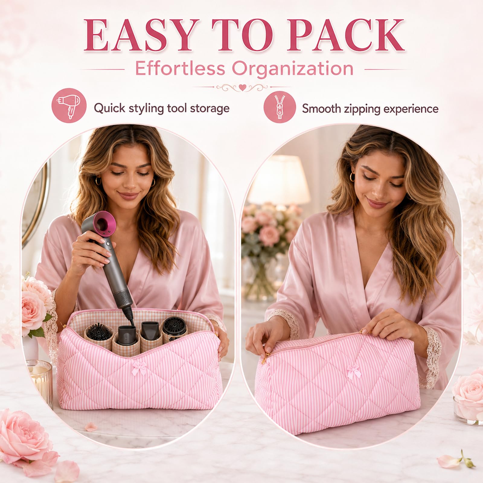 Aufbewahrungstasche für Dyson Airwrap und Zubehör, Reisetasche Kosmetiktasche, Große Kapazität mit Fächern, Leichtbau（Rosa gestreifter Stil）