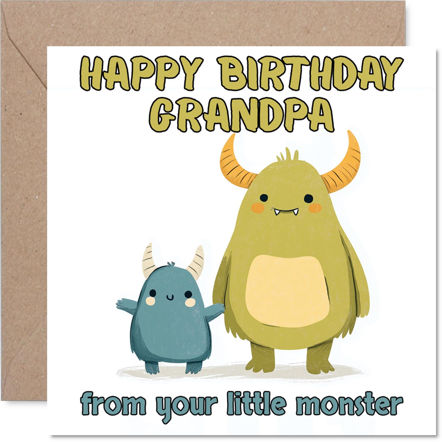 Playful Birthday Card for Grandpa - from Your Little Monster - Colourful Cartoon Monsters Raising Smiles - 145mm Square, Envelope Included